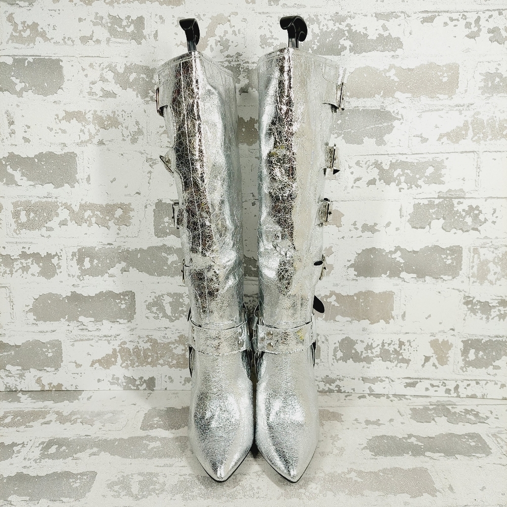 New Wild Diva Look At Me Silver Faux Leather High Heel Harness Knee Boots K759 - Picture 7 of 11